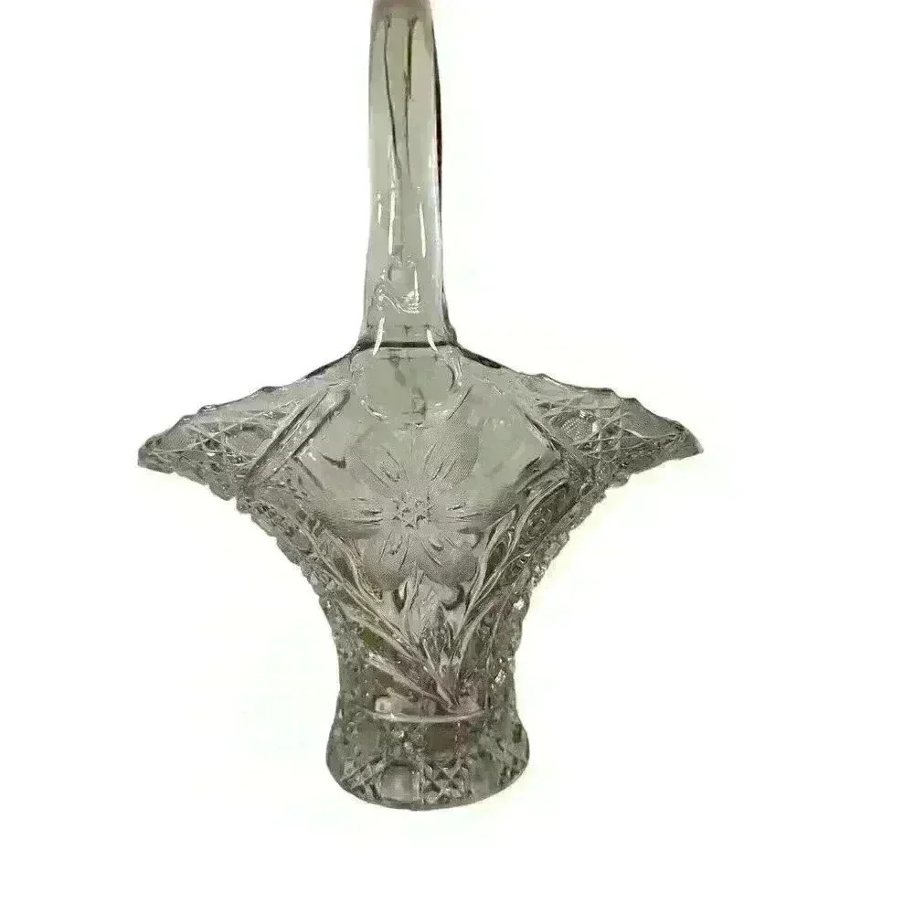 American Brilliant Etched Pressed Glass Crystal Basket Form Vase Handle 13"H
